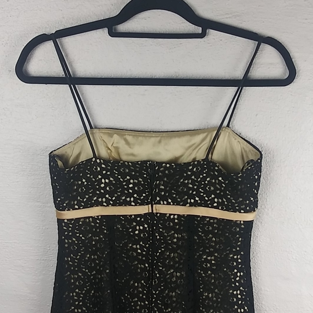 Betsy & Adam Black Gold Crochet Straight Neckline Spaghetti Strap Mini Dress - Picture 5 of 15